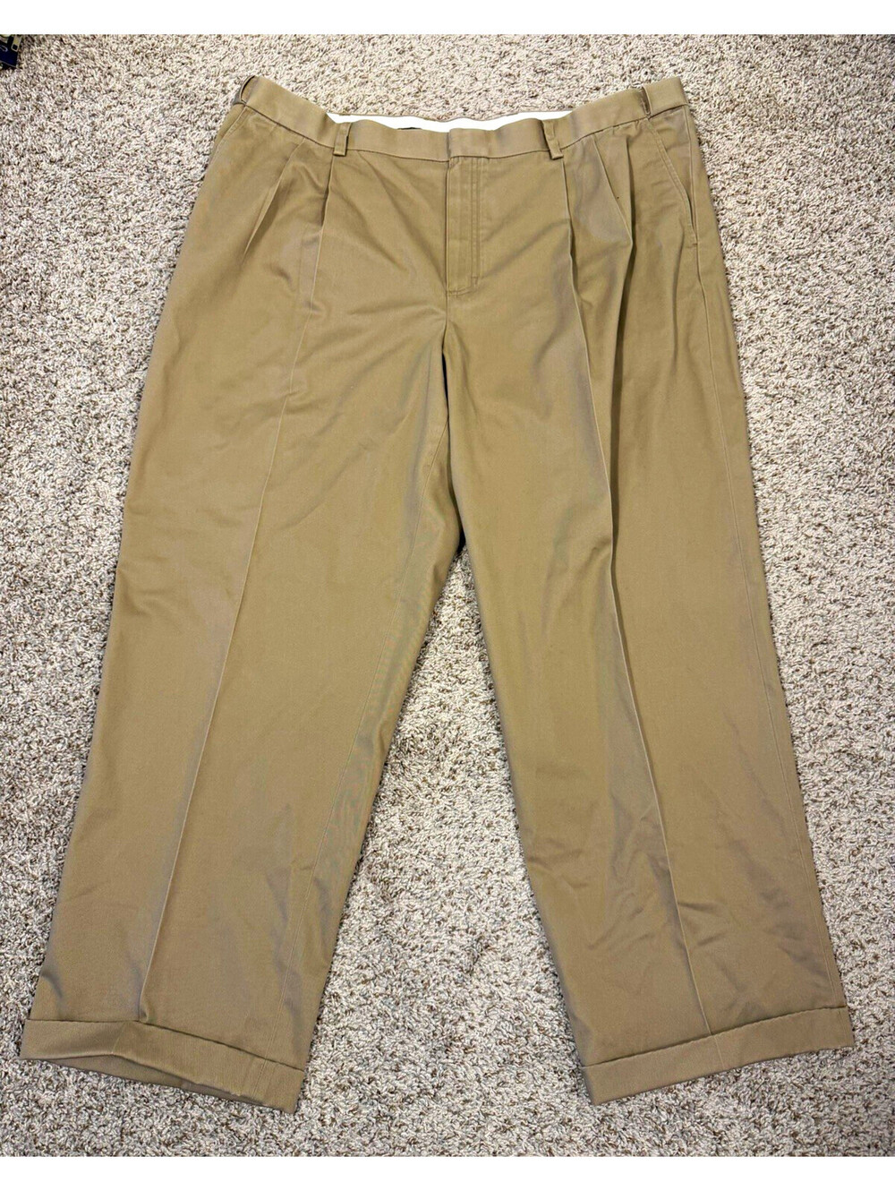Vtg L.L.Bean Beige Cotton Pleated Cuffed Comfort Waist Dress Pants 42x29 Classic